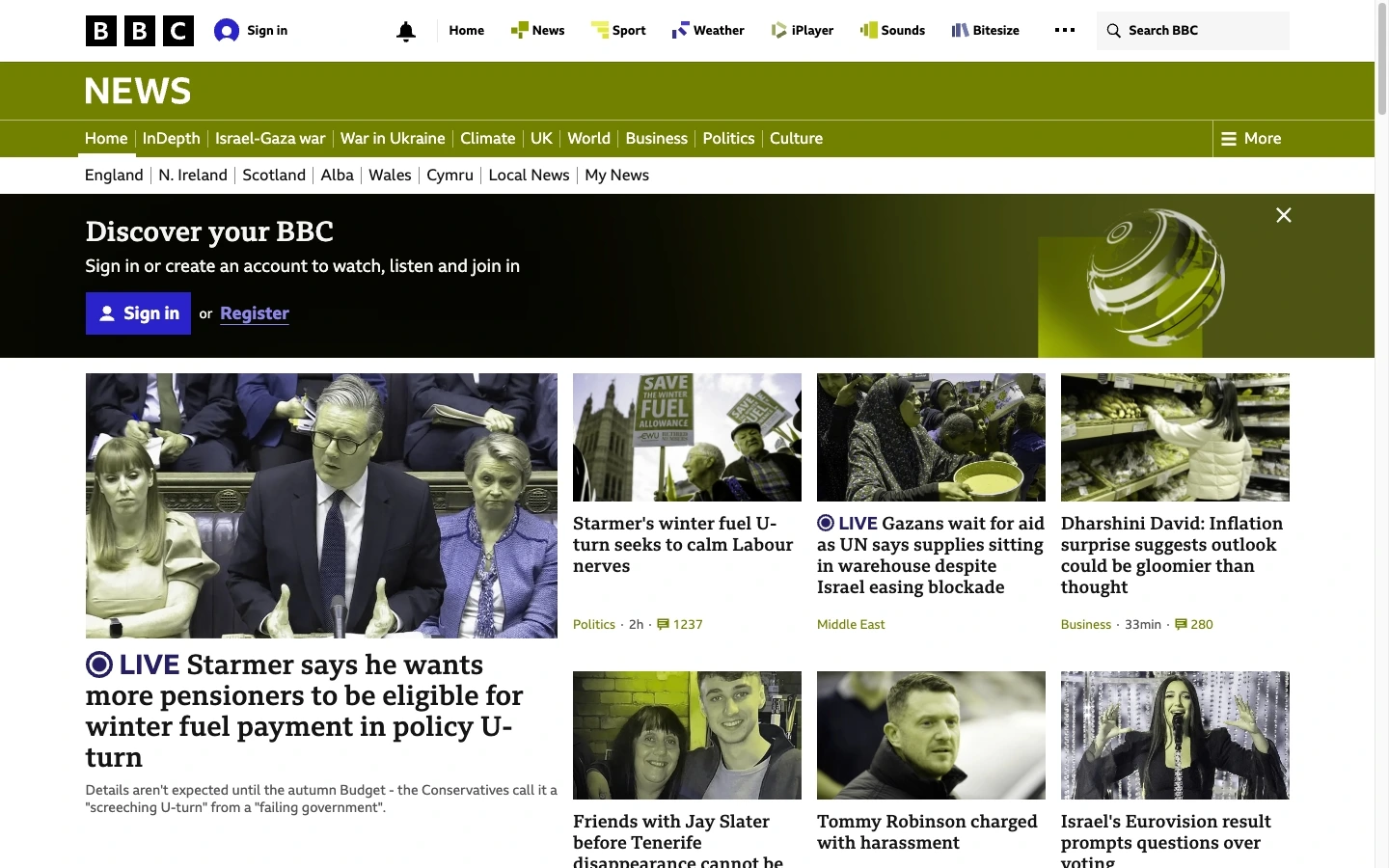 BBC News website as seen with red-green colour blindness
